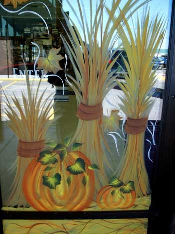 Pumpkins and Hay Painted on Glass Door